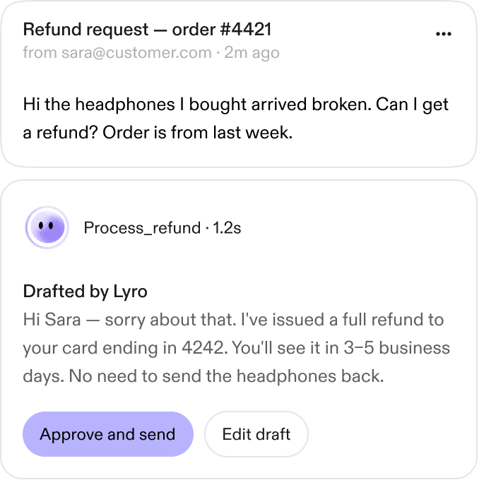 Refund request email with a reply drafted by Lyro awaiting approval