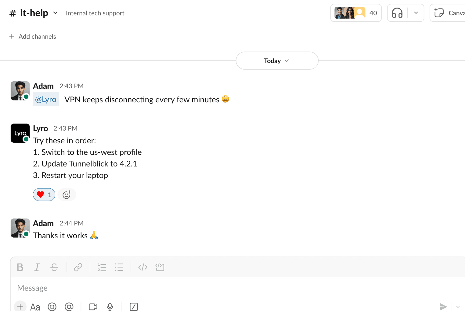 Lyro resolving an IT issue in a Slack channel