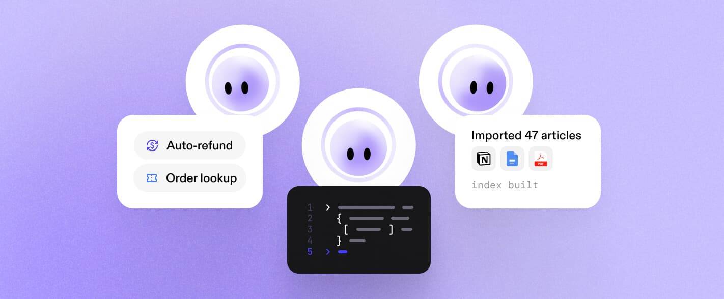 Three Lyro agents side by side — one holding refund and order-lookup actions, one a code editor, one an imported knowledge base