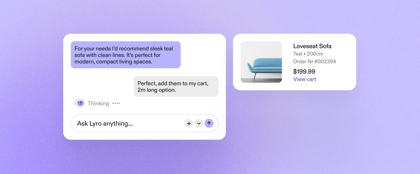A chat where Lyro recommends a sofa, beside the matching order card with a View cart link