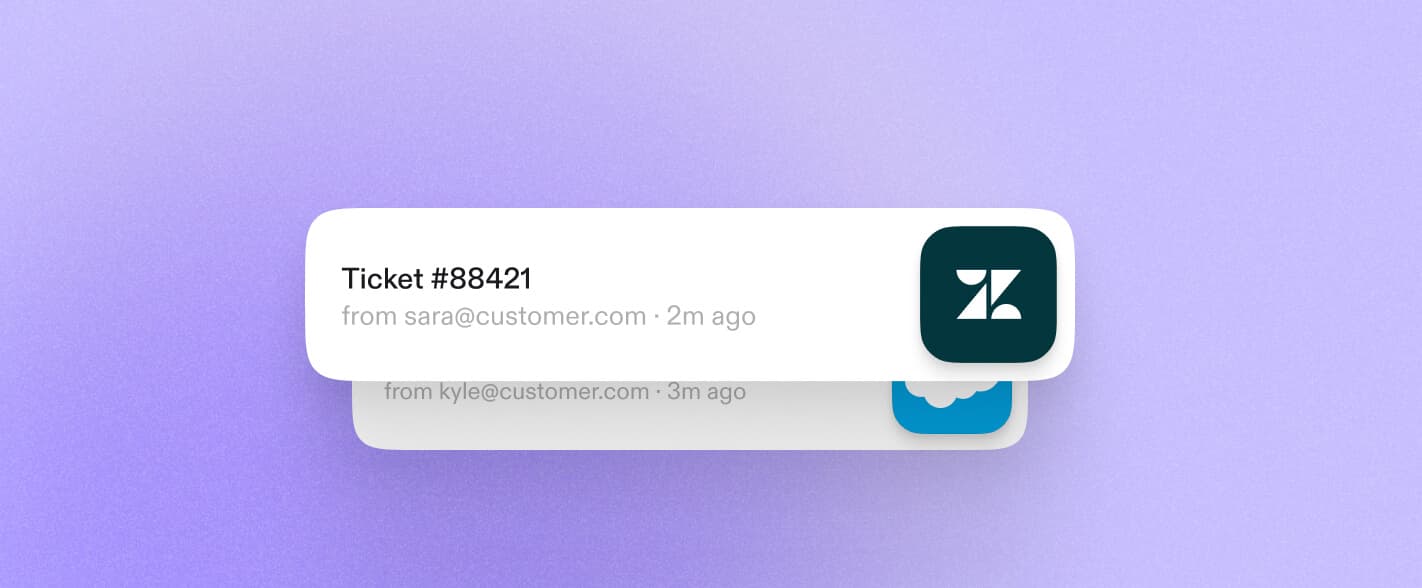 A support ticket card badged with the Zendesk icon, stacked over a Salesforce one