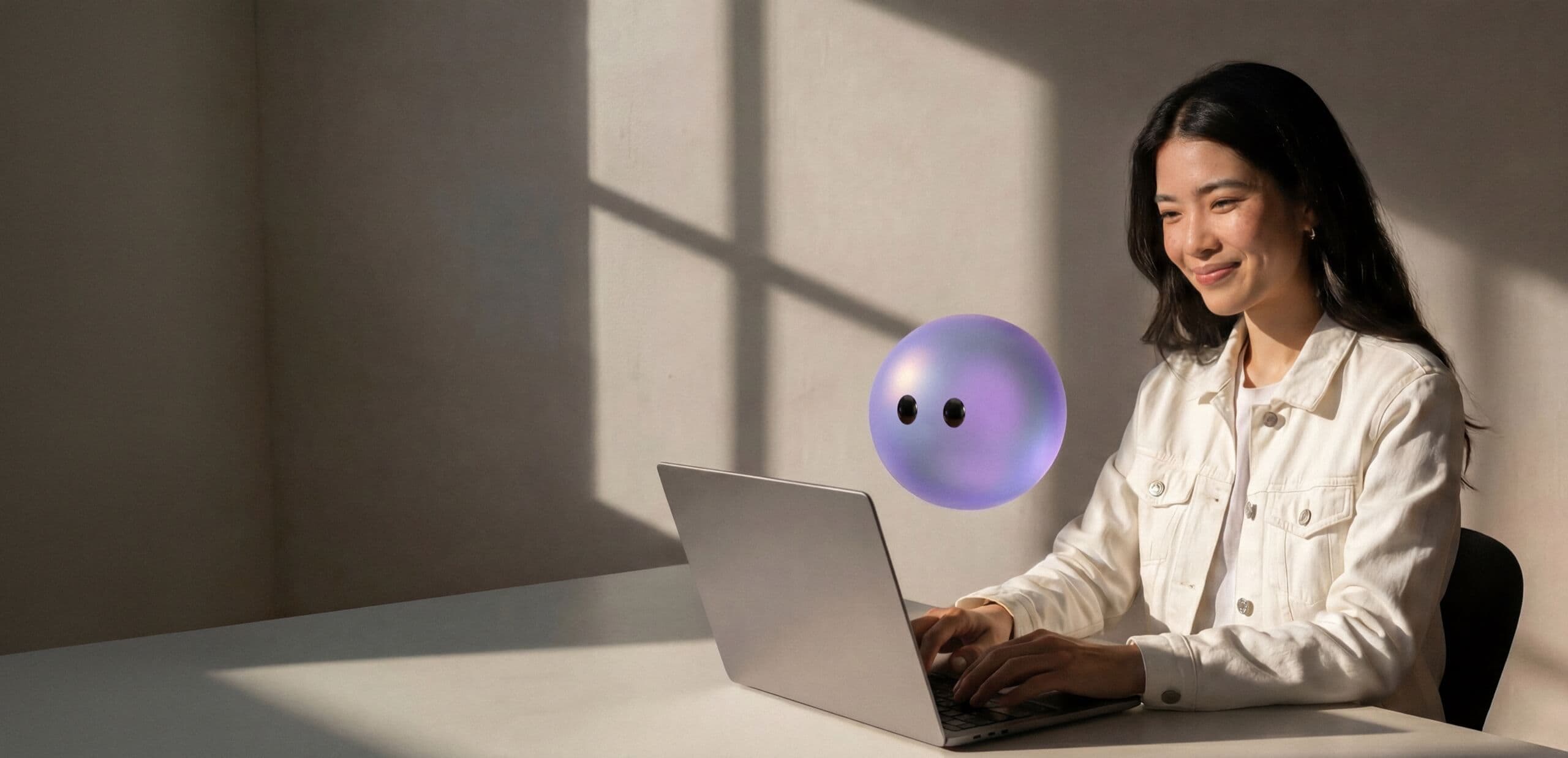 Customer service agent working at a laptop beside a Lyro orb