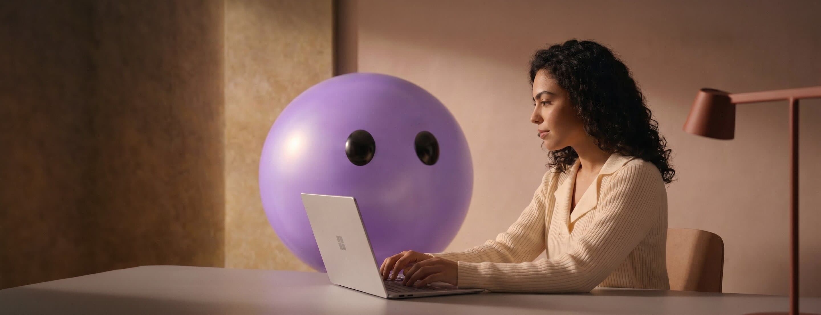 A support agent working at a laptop beside the Lyro mascot
