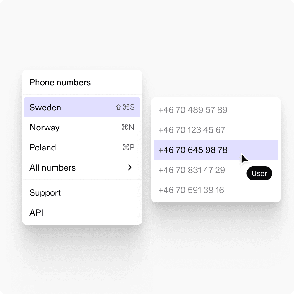 A phone-number picker with numbers across several countries