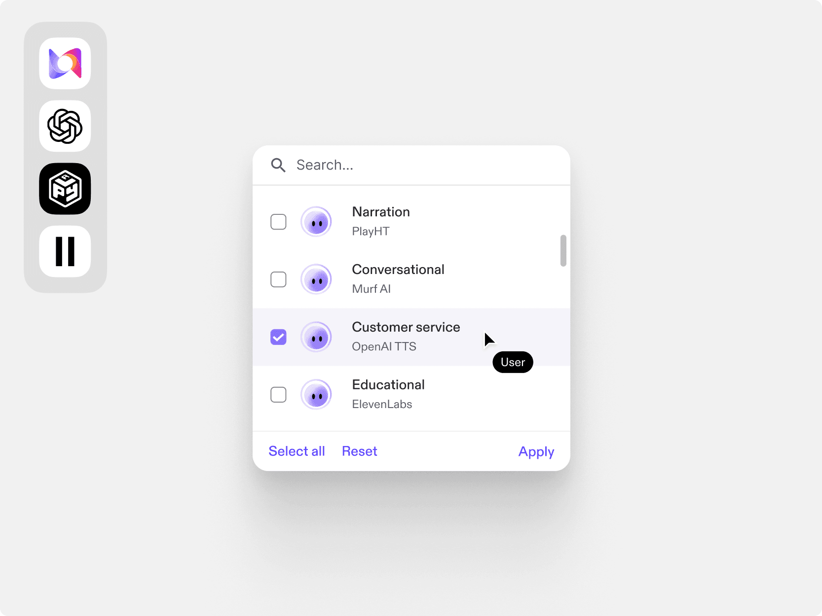 A searchable voice picker grouped by use case: narration, conversational, customer service, and educational