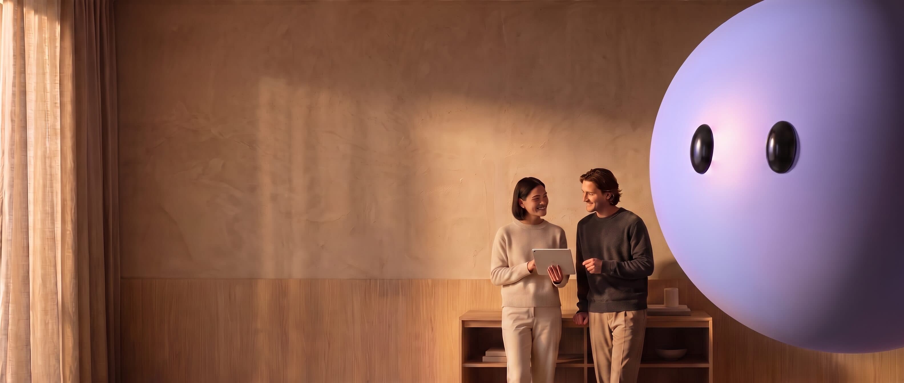 Lyro pictured as a giant lavender sphere floating beside two colleagues sharing a tablet.