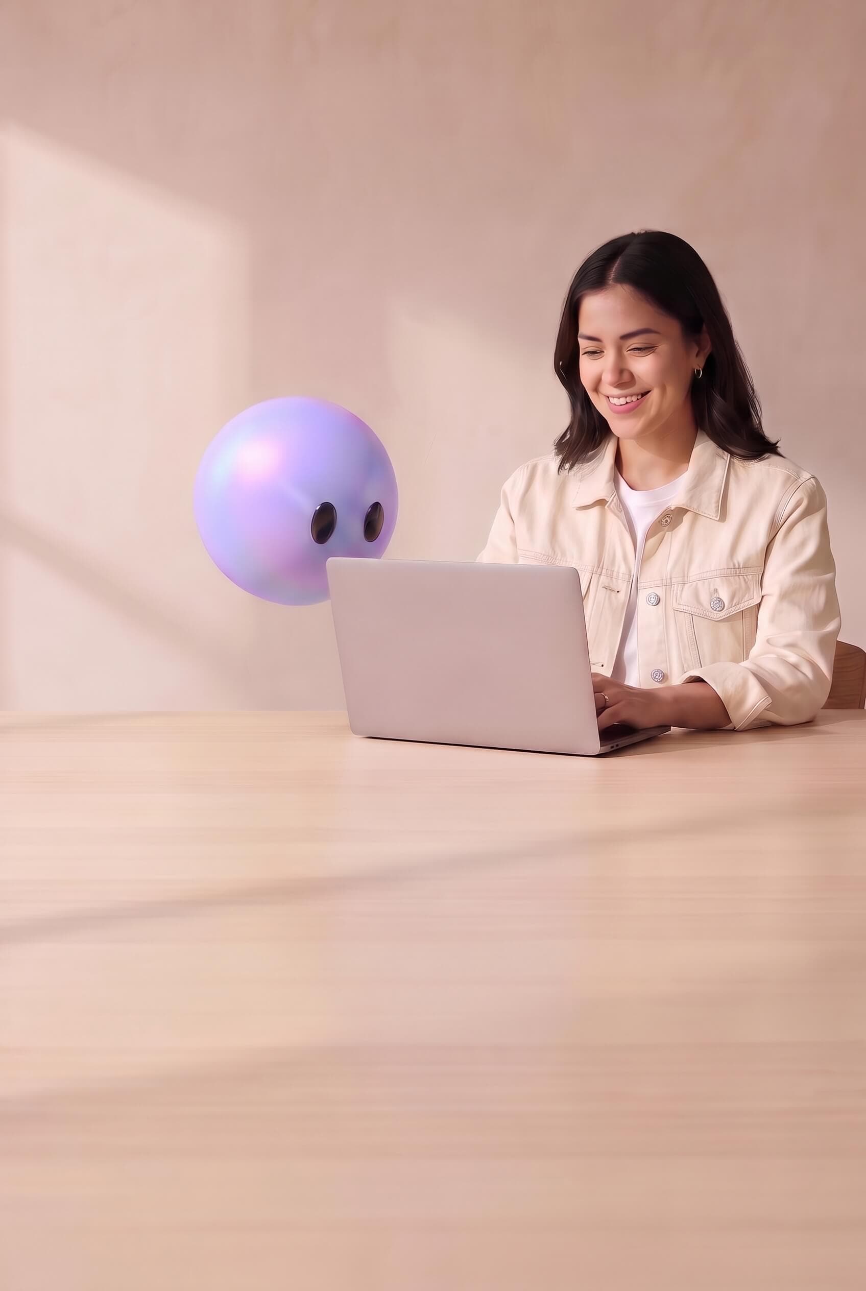 Lyro pictured as a lavender sphere resting on a sunlit desk beside a support agent working at her laptop.