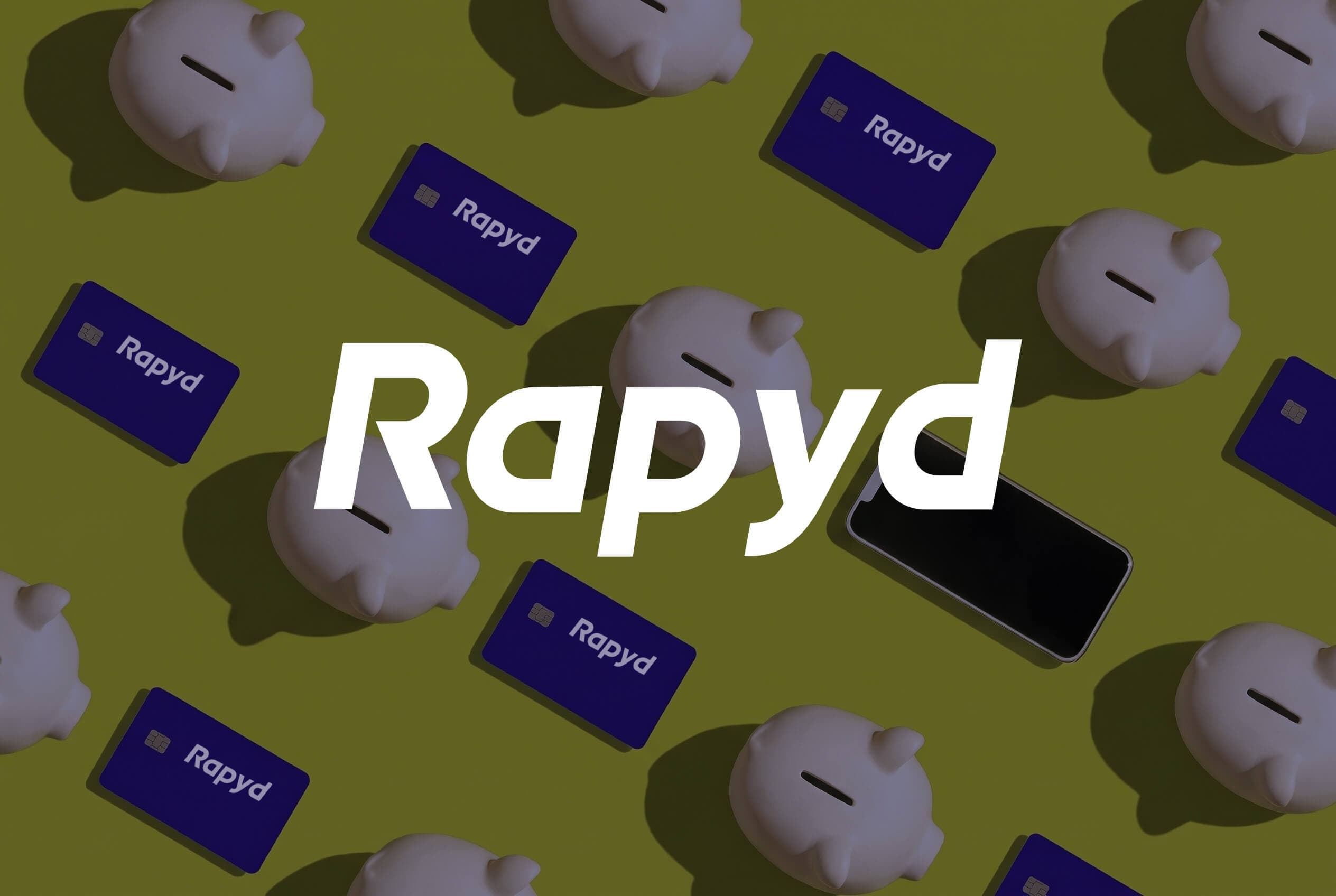 Rapyd-branded payment cards and piggy banks arranged on an olive background.