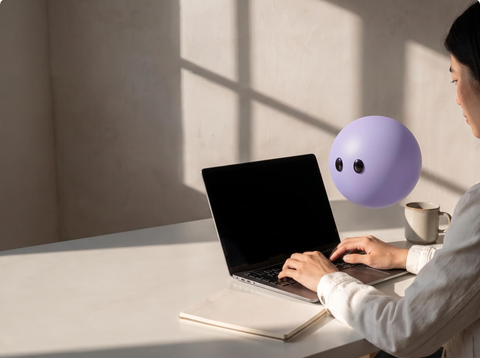 An agent typing at a laptop with Lyro pictured as a lavender sphere beside the screen.
