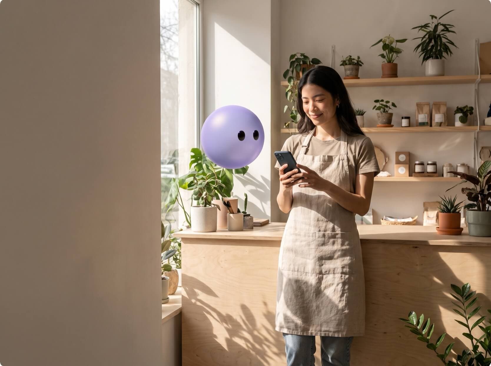 A shop owner on her phone with Lyro pictured as a lavender sphere floating beside her.