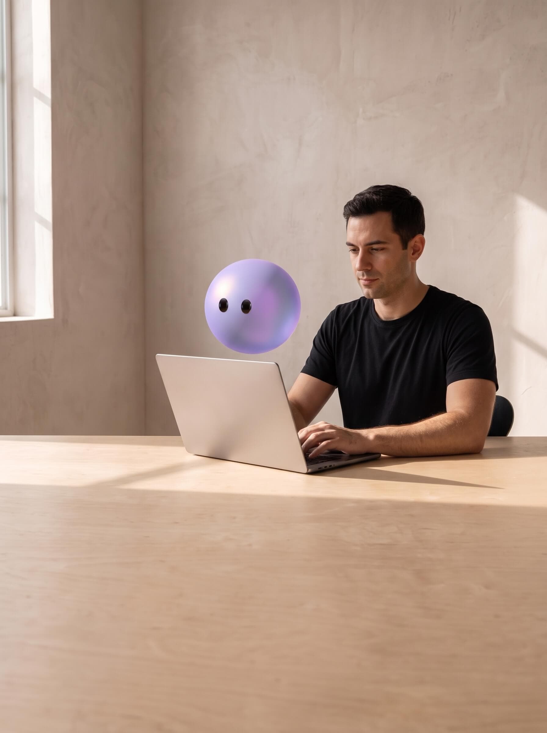A developer at a laptop with Lyro pictured as a lavender sphere beside the screen.