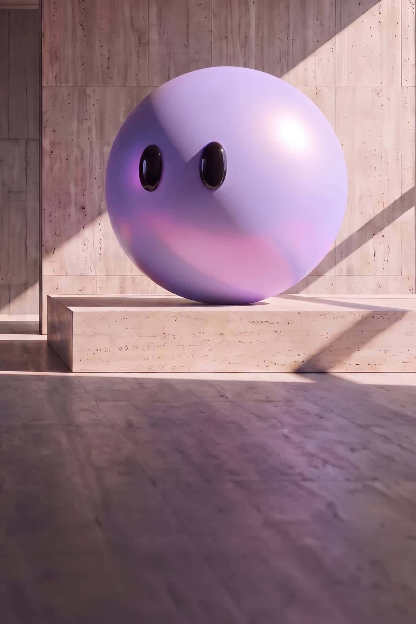 The purple Lyro mascot resting on a stone plinth in a sunlit concrete hall