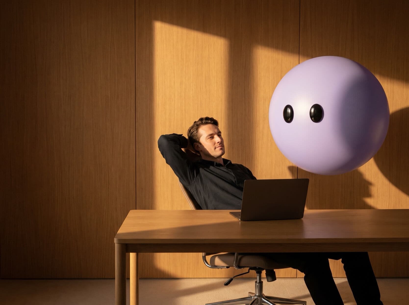 An engineer leaning back from his laptop with Lyro pictured as a lavender sphere hovering over the desk.