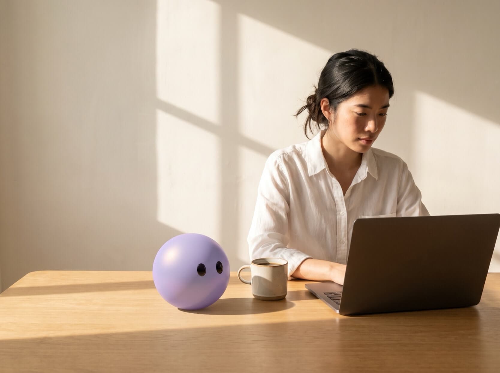 A support agent reading the morning report at her laptop with Lyro pictured as a lavender sphere on the desk.