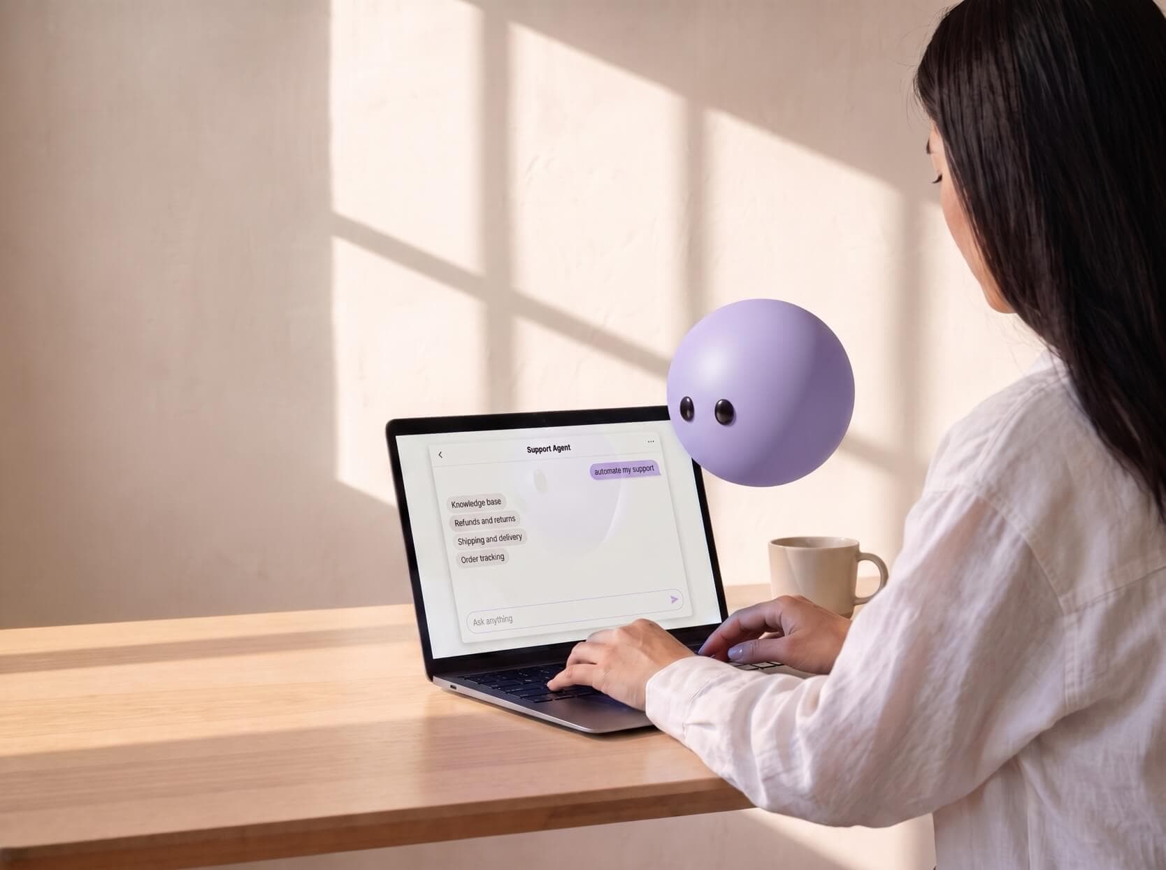 A support lead at a laptop showing the Lyro panel with a freshly written knowledge base, and Lyro pictured as a lavender sphere floating beside the screen.